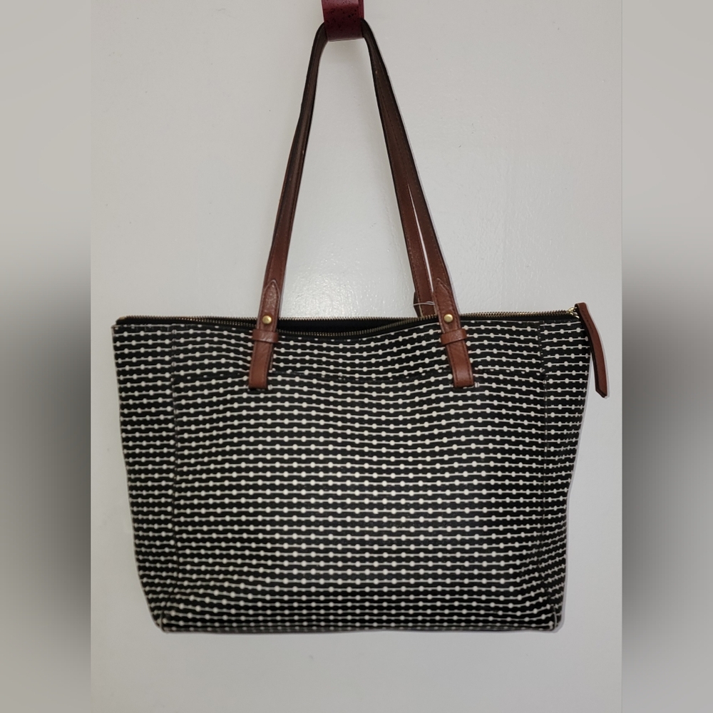 Fossil Tote/Shoulder/Laptop Bag - Black and White, Brown Trim